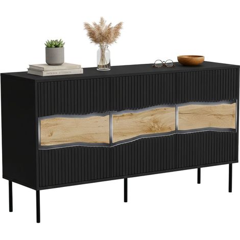 Saliceto Sideboard, Wohnzimmer-Sideboard mit drei Flügeltüren und Innenfächern, vom Boden abgehoben, 144 x 40 x 80 cm, Schwarz und Eichenknoten