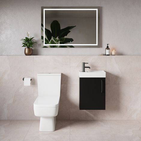 Napoli Cube Matt Black 400mm Single Door Wall Mounted Vanity Unit and Toilet Suite with Align Basin - 400mm - Gunmetal Grey 160mm Handle