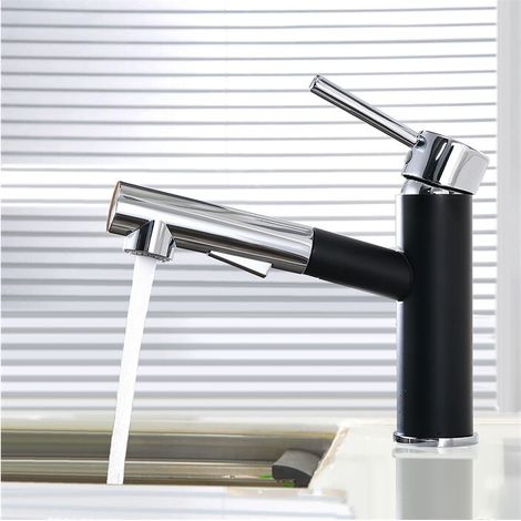 Mitigeur de Cuisine avec Douchette Extractible Robinet de Cuisine 2 Jets Mitigeur d'Evier Rotatif à 120° en Acier Inox Durable Noir et Chromé (1/5)