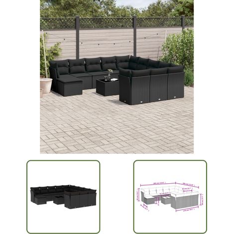 The Living Store Salon de jardin avec coussins 13 pcs noir résine tressée - Ensemble Salon De Jardin - Meuble De Jardin - Salon De Jardin Design - Mobilier De Jardin Résistant - Fauteuil De Jardin (1/3)
