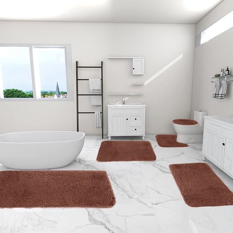 Tapis De Bain - Velours Épais Absorbant Eau Non Glissant - Lot De 5 Pour Salle De Bain Toilette Douche - Dimensions Variées - Brun (1/5)