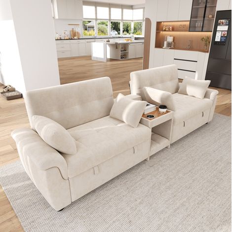 sofá cama doble extensible con consola chenilla beige OKMYHOME (1/5)