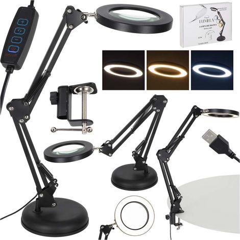 Lámpara de escritorio LED con lupa 3x, pinza o base, USB (1/5)