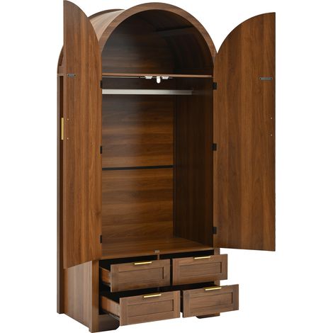 Armadio moderno con ante curve, barra appendiabiti e cassetti, finitura effetto noce, MDF (1/5)