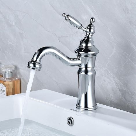 Rubinetto per lavabo da bagno in ottone stile antico, miscelatore monocomando, acqua calda/fredda, cromato, tubi flessibili inclusi - ALTRO (1/4)