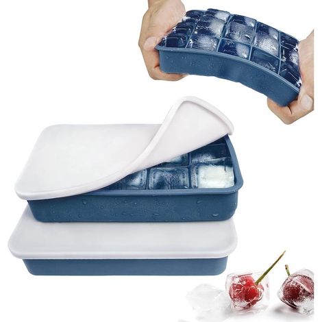 2er-Set stapelbare Silikon-Eiswürfelformen mit Deckel, 15 quadratische Mulden, leicht zu entformen, wiederverwendbar, LFGB-zertifiziert und BPA-frei, Blau (1/5)