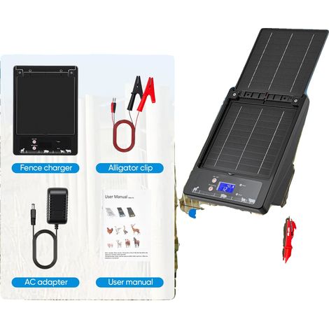 Cargador de cerca eléctrica, paneles solares dobles, voltaje ajustable, negro. (1/2)