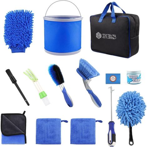 Kit de nettoyage voiture 14 pièces avec sac de rangement, seau pliable, brosses et microfibres (1/5)