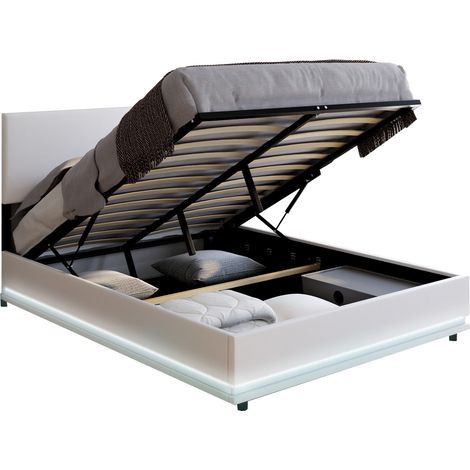 Idmarket – Lit coffre double avec LED intégrées – Tête de lit 95-105 cm – Sommier 140 x 190 cm – Rangement pratique sous le lit – PVC blanc