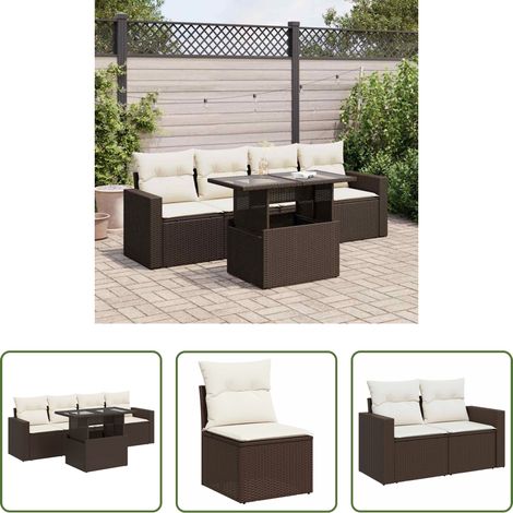 Terrassensofa - 5-tlg. Garten-Sofagarnitur mit Kissen Braun Poly Rattan (1/5)