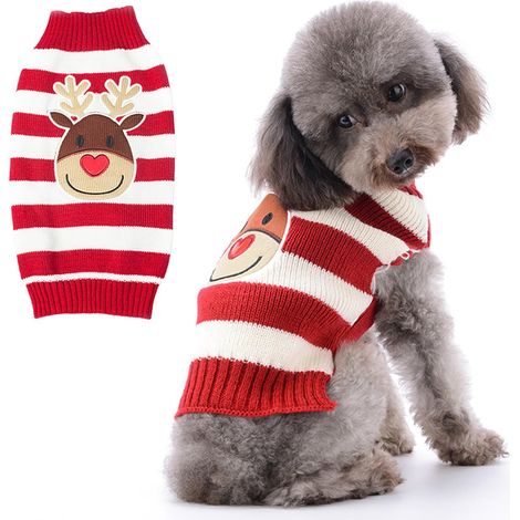 Pull de Noël pour chien Motif renne rayé rouge et blanc Vêtement d'hiver chaud en tricot pour animaux de compagnie (1/5)