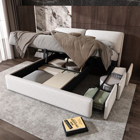 Cama tapizada (160x200 cm), hidráulica, con tres cajones y arcón, cabecero ajustable, terciopelo beige (1/5)