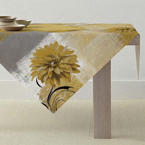Nappe 100x100cm Jaune Gris Fleur Rétro Lavable Polyester Style Ferme