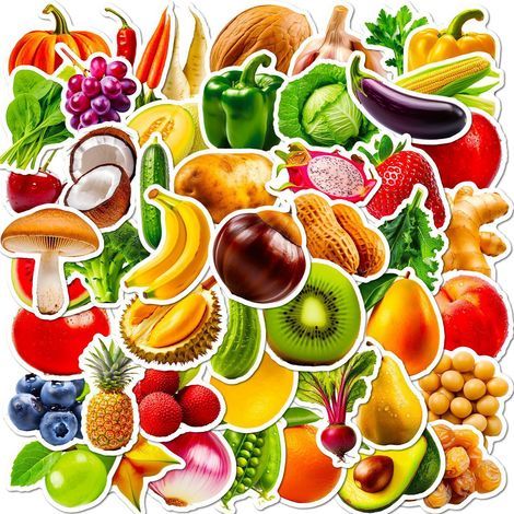 Lot de 50 autocollants fruits et légumes pour enfants, idéal pour les livres d'apprentissage de la reconnaissance des objets, le réfrigérateur, les valises – autocollants imperméables – cadeau de Noël (1/4)