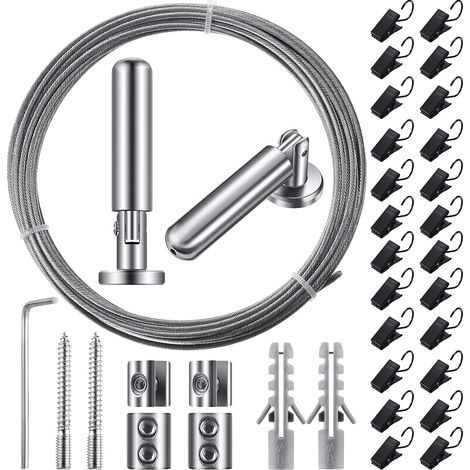 Asta per tende in filo metallico da 5 m (196 pollici) con 24 clip regolabili per tende, decorazioni murali, foto, lavori artigianali, finestre (1 set) (1/5)