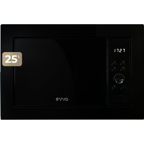 Microondas integrable EVVO Mi35 Negro, 25L de Capacidad, Grill 1000W, Puerta y Marcos Efecto Brillante, Multifunción, 8 Funciones, Temporizador 60 Minutos, Display Digital (Acabado Negro)