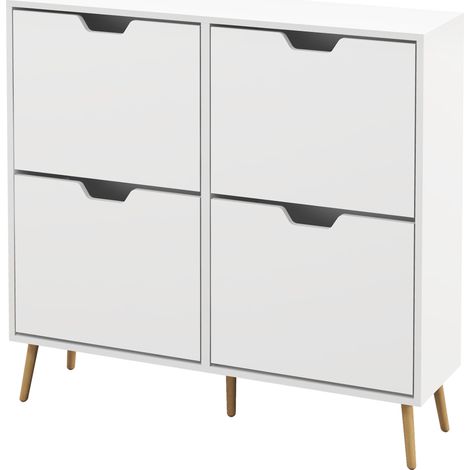 Schuhschrank mit 4 Türen für 16 Paar Schuhe, verstellbarem Einlegeboden, Kiefernholzbeinen, 95 x 26 x 95 cm, weiß