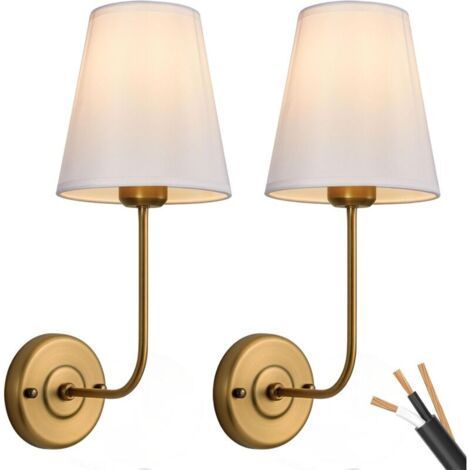 Bedroom wall light,Set of 2 vintage antique brass wall lights with iron fabric shade bedside lamps (1/4)