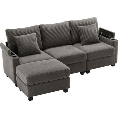 Canapé D'angle 213,5x139x87 Cm En Corduroy Gris Foncé, Modulable Avec Pouf Et Port USB (1/5)