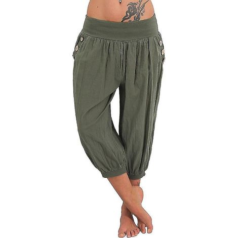 Yogahose für Damen, Seitentaschen, Haremshose, knöchellang, schnelltrocknend, feuchtigkeitsableitend, leicht, im Boho-Hippie-Stil, hellblau, orange, cremeweiß, Größe S (1/5)