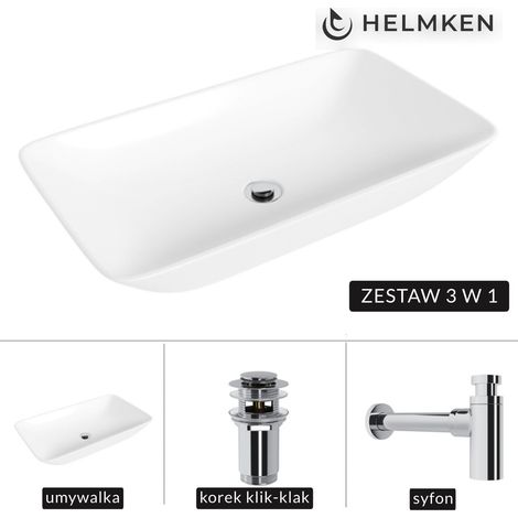 Lavabo à poser Helmken 88670000 (70 x 40) Blanc + Siphon chromé + Bouchon clic-clac chromé (1/5)