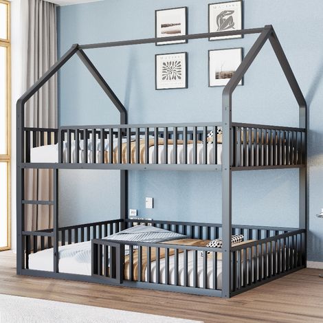 Kinder Etagenbett 140x200 cm in Hausform, stabiles Metallbett mit Rausfallschutz und Leiter, Familienbett im Loft-Design mit Tür, Schwarz (1/5)