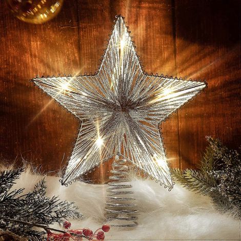 Weihnachtsbaumspitze in Sternform mit LED-Beleuchtung, 25 cm großer, glitzernder Weihnachtsbaumstern, hohle silberne Baumspitze mit LED-Lichtern zur Dekoration (1/5)