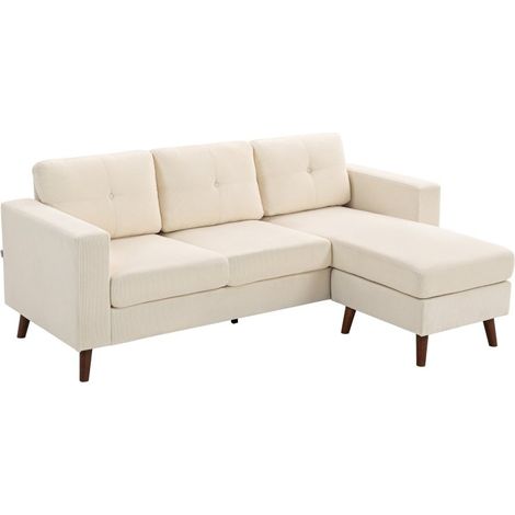 Canapé d’angle 192 cm en forme de L, 3 places, avec méridienne réversible, effet velours côtelé, pour petit espace, blanc crème