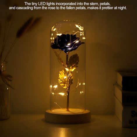 Rose éternelle lumineuse LED avec couvercle en verre et socle en bois - Bleu Saint-Valentin/Mariage (1/5)