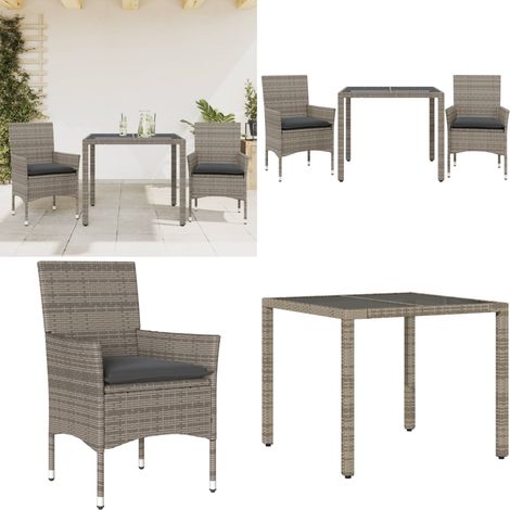 3-tlg. Garten-Essgruppe mit Kissen Grau Poly Rattan und Glas - Gartentisch - Gartenmöbel Set - Outdoor Möbel - Esstisch - Gartenstühle - Home & Living