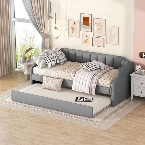 Lit gigogne - SOGEU - Lit gigogne 90×190/90×200 cm - Sommier à lattes - Bois massif - Gris (1/5)