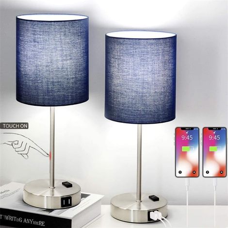 2er-Pack Schreibtischlampe mit USB-Ladeanschluss, Nachttischlampe mit AC-Steckdose, moderne minimalistische Schreibtischlampe mit Stoffschirm für Wohnzimmer, Schlafzimmer, Büro – Blau