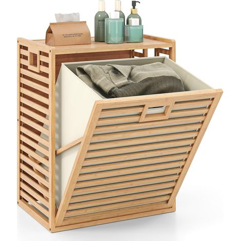 COSTWAY Panier à Linge Inclinable en Bambou 68 L, 50 x 35 x 64 cm (1/5)