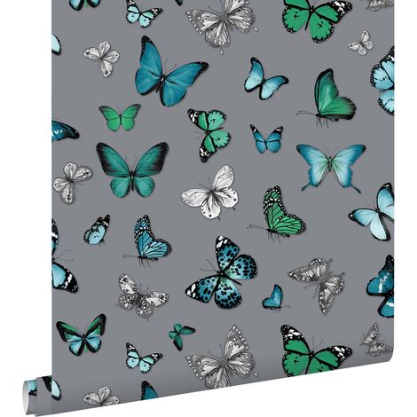 papier peint papillons argent et turquoise - ESTAhome (1/5)