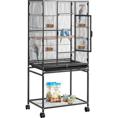Cage Oiseau 62,5x42,5x137 cm Volière Oiseaux Toit Plat Cage Perroquet sur Pied Roulettes pour Mésange Bleue Calopsitte Canari Perruche Ondulée Conure, avec Perchoirs Plateau Coulissant Mangeoire (1/5)