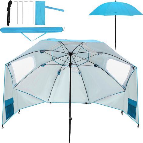 Randaco Strandschirm 210 cm Sonnenschirm mit UV Schutz 50+, neigbar mit Erdspieß und Tragetasche, wasserabweisender Gartenschirm für Strand, Garten & Balkon – Himmelblau