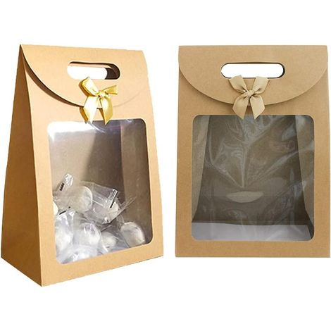 Geschenktüten, Geschenkboxen aus Kraftpapier, Geschenktüten mit Henkeln, Geschenktüten mit Sichtfenster, Geschenkpapier für Hochzeiten (20 Stück pro Packung, kleine Größe 16 x 12 x 6)