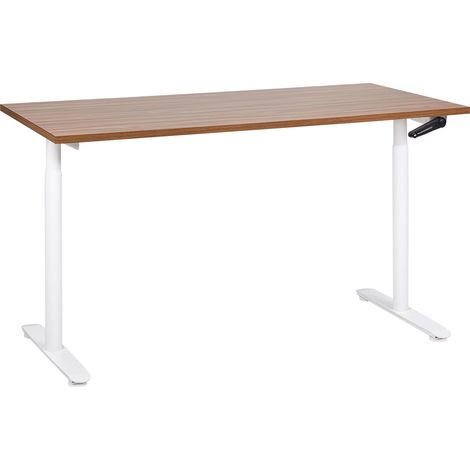 Escritorio de altura regulable manualmente oficina moderna patas redondas 160 x 72 cm tablero madera oscura soporte de acero blanco DESTINAS (1/5)