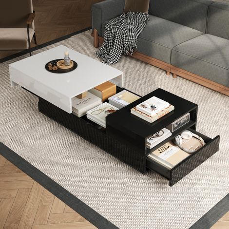 Tavolino da salotto 100 x 50 x 38 cm con 2 cassetti e vani contenitore, nero e bianco DESVIAE (1/5)