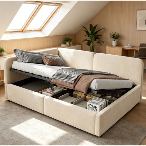 Sofá cama tapizado 206x146x81 cm, con almacenaje hidráulico, cabecero alto reversible, tejido beige (1/5)