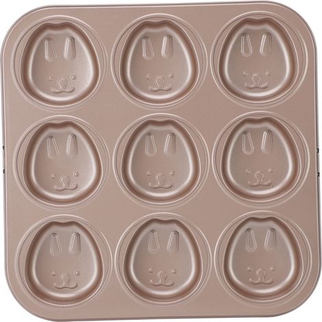 Teglia antiaderente per cupcake a forma di animale, 9 stampini, in acciaio al carbonio, con design a cartone animato, per la casa, torta al cioccolato, coniglietto. (1/5)
