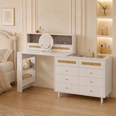 Tocador con joyero y espejo, 10 cajones, tablero de vidrio templado y decoración de ratán, tocador grande con amplio espacio de almacenamiento, 105 × 50 × 108 cm, blanco, para dormitorio y vestidor. (1/5)