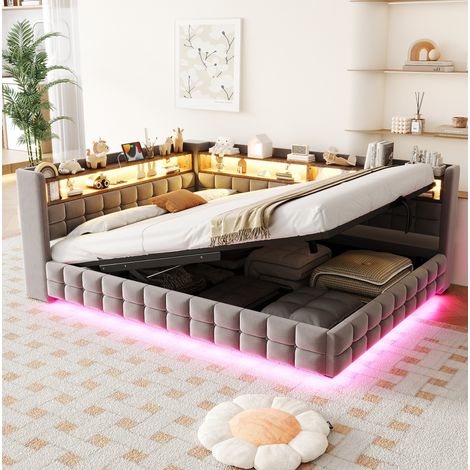 Letto contenitore 140 x 200 cm con LED, prese USB e Type-C, velluto grigio HAVRYA (1/5)