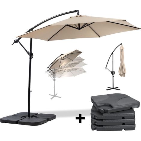 MaxxGarden MaxxGarden Sombrilla Excentrico 300 cm - Parasol para Terraza Jardín Balcón Patio - con Manivela y Base en Cruz, Protección UV - con Baldosas - Taupe