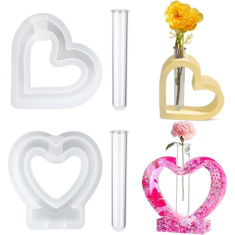 2x Moule en silicone en forme de cœur pour vase avec tubes à essai pour plâtre et résine
