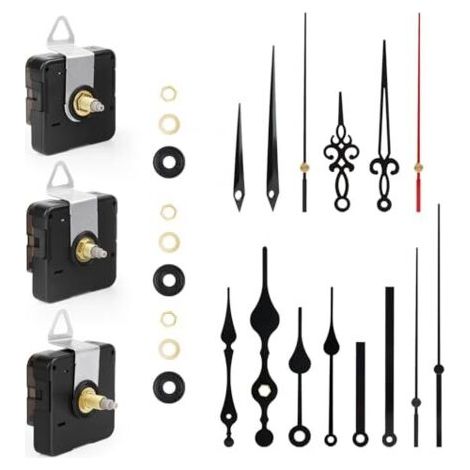 Three-part wall clock movement with 5 different pairs of silent quartz hands, battery operated, 16/18/20 mm