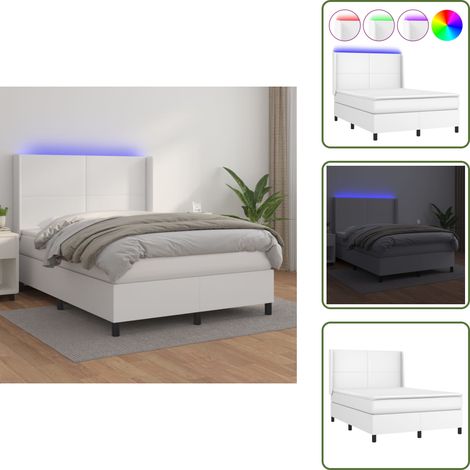 Boxspringbett mit Matratze & LED Weiß 140x200 cm Kunstleder - Boxspringbett - Doppelbett - Bettenrahmen - Lederbettwäsche - Luxusbett (1/5)