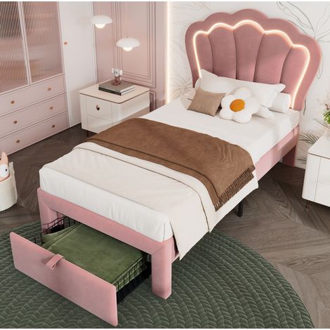 MEUBLIV Bettgestell 90x200 cm Rosa – LED, Schublade, verstellbares Kopfteil, ohne Matratze (1/5)