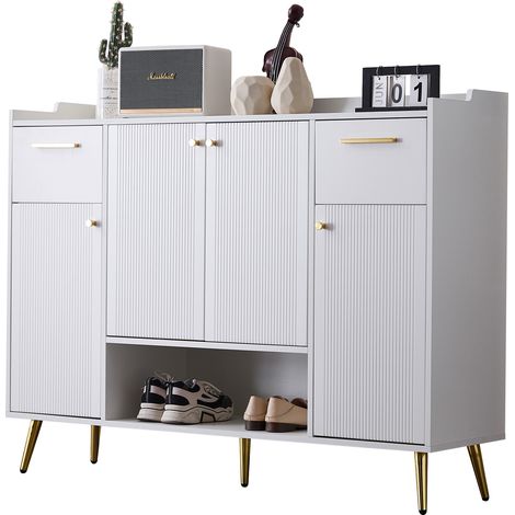 ELVMI Zapatero con 4 Puertas, 2 Cajones y Compartimento Abierto, Patas de Metal, para Recibidor, Blanco, 130 x 37 x 100 cm (1/5)