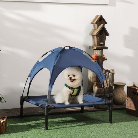 Cama para mascotas/perros de exterior, resistente a la intemperie, con dosel, 61 cm x 46 cm x 62 cm, azul + negro